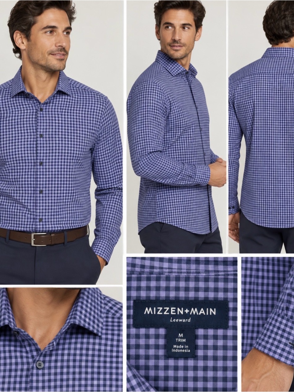 Mizzen+Main Leeward Dress Shirt Men’s Medium Trim Fit Blue Purple Check